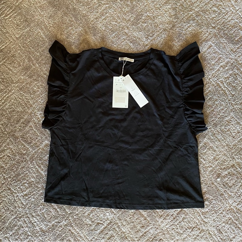 Zara Black Ruffle Sleeve T Shirt BNWT sz M